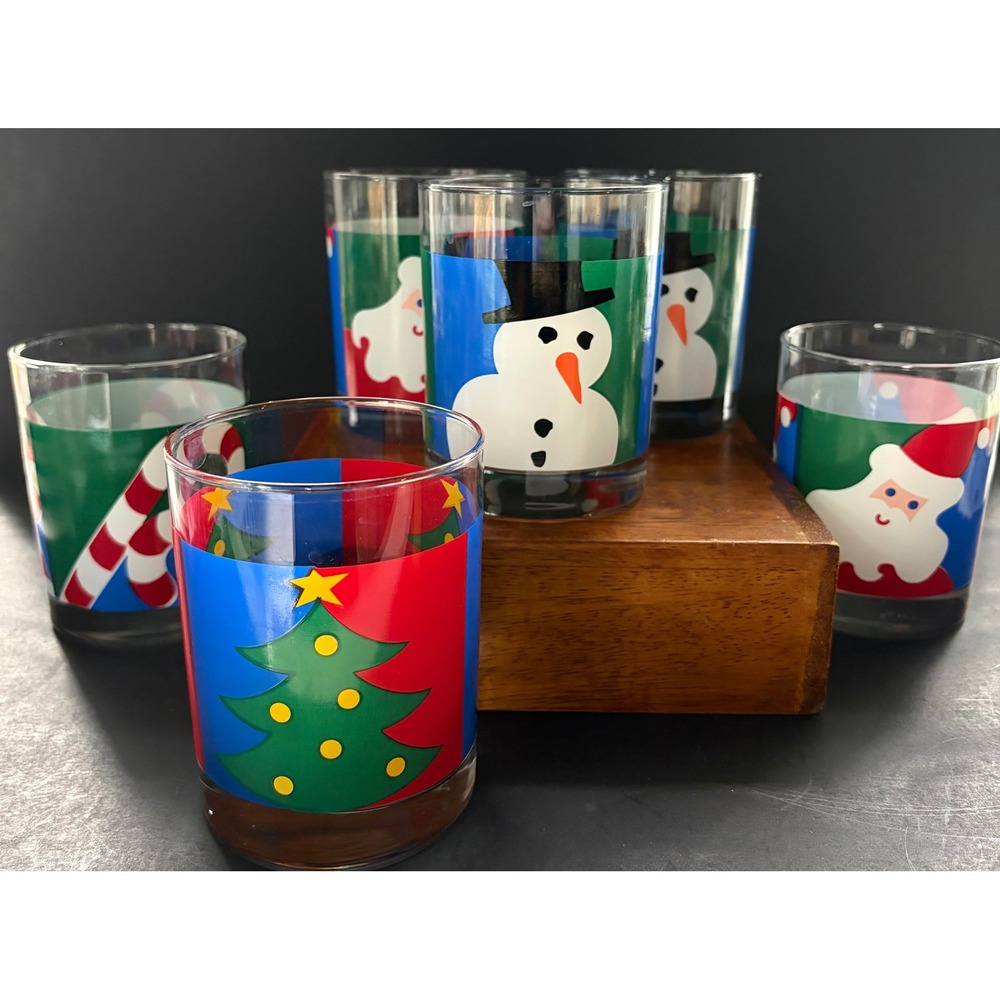 Vintage Christmas Rocks Glasses Set of 6 Santa Snowman Tree 12oz Holiday Barware